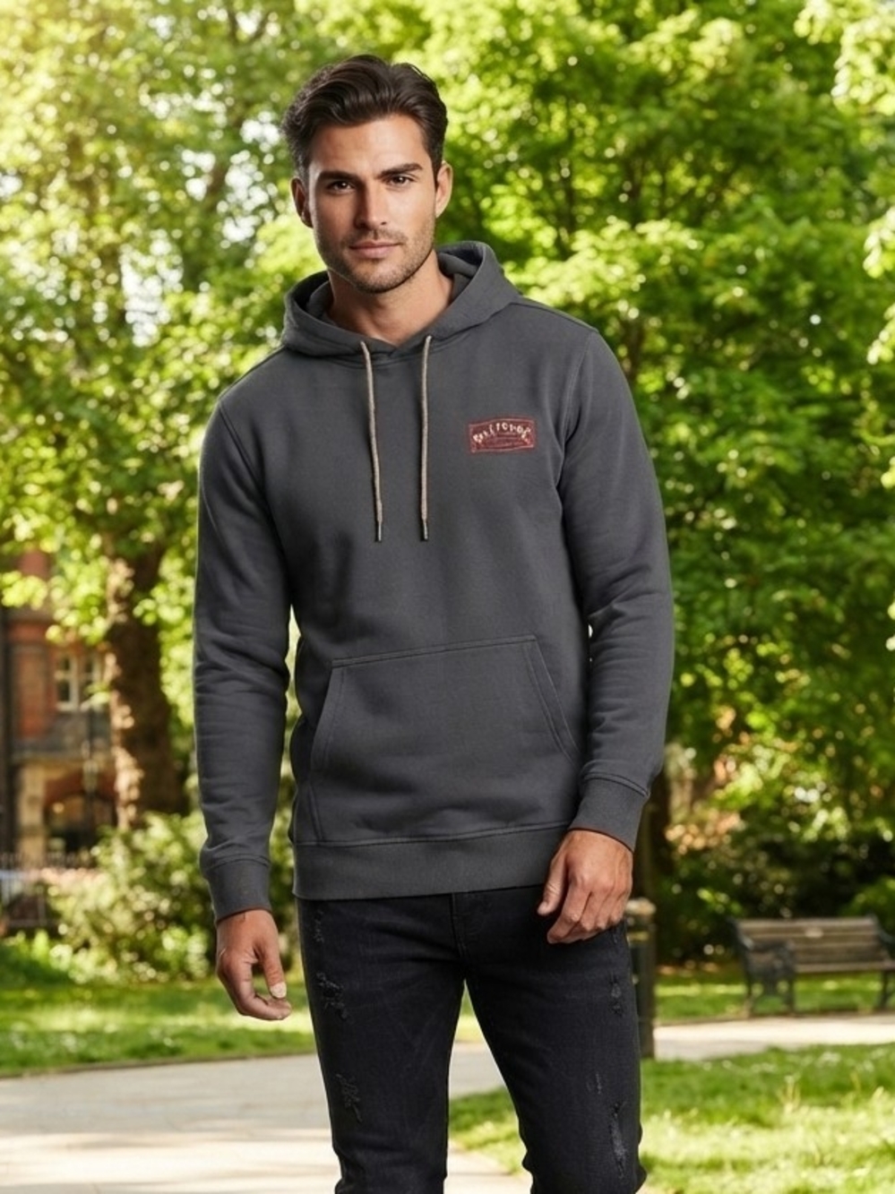 Men's Charcoal Gray Hooded Sweatshirt with Front Pocket Size M